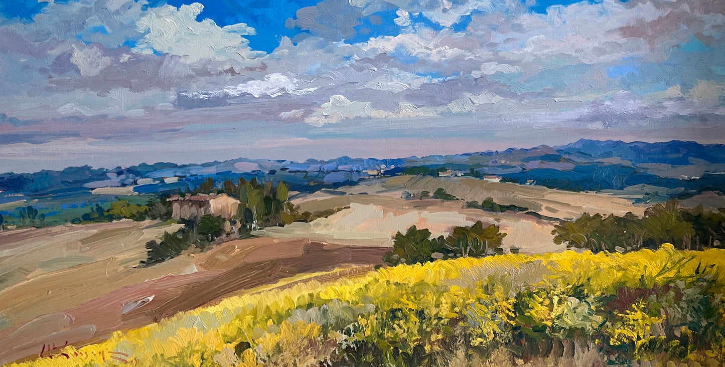 Tuscan panorama, oil on board